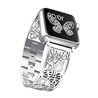 Secbolt Carved Flower Bling Bands Compatible with Apple Watch Band 38mm 40mm 41mm 42mm 44mm 45mm iWatch Series 9/8/7/6/5/4/3/2/1/SE, Stainless Steel Dressy Jewelry Diamond Bracelet Women