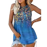 Andongnywell Women's High Round Neck Printed Loose Tank Tops o Neck T Shirts Summer Sleeveless Tunic Tops Blouse
