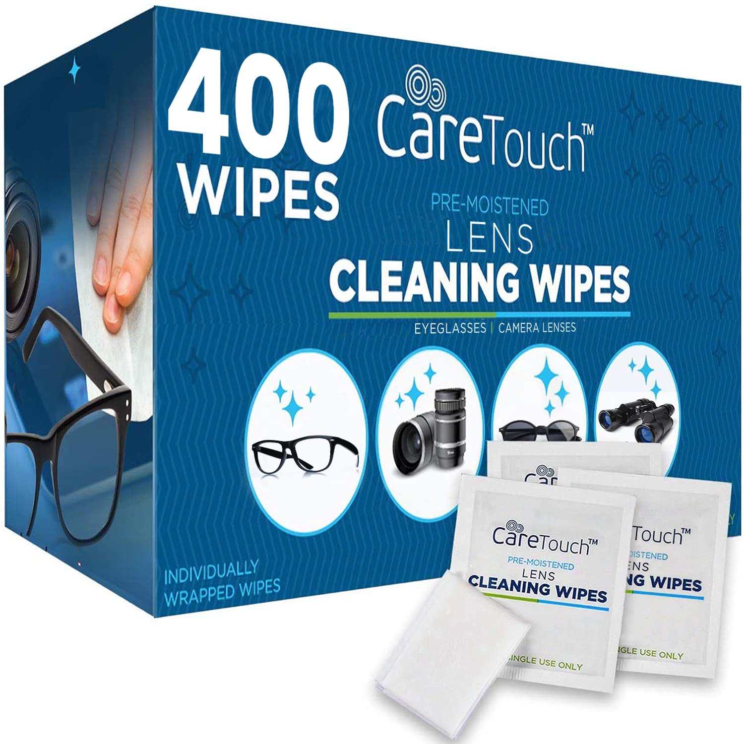 Care Touch Glasses Wipes, 400ct - Lens Cleaning Wipes for Eyeglasses, Eyeglass Wipes Individually Wrapped, Eyeglass Cleaner Lens Wipes, Lenses Wipes for Cleaning Glasses&Optical Lens, Disposable Wipes