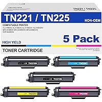 TN221 TN225 Toner Cartridge High Yield Replacement for Brother TN 221 TN 225 Compatible with MFC-9130CW HL-3170CDW HL-3140CW HL-3180CDW MFC-9330CDW (2 Black, 1 Cyan, 1 Magenta, 1 Yellow, 5 Pack)