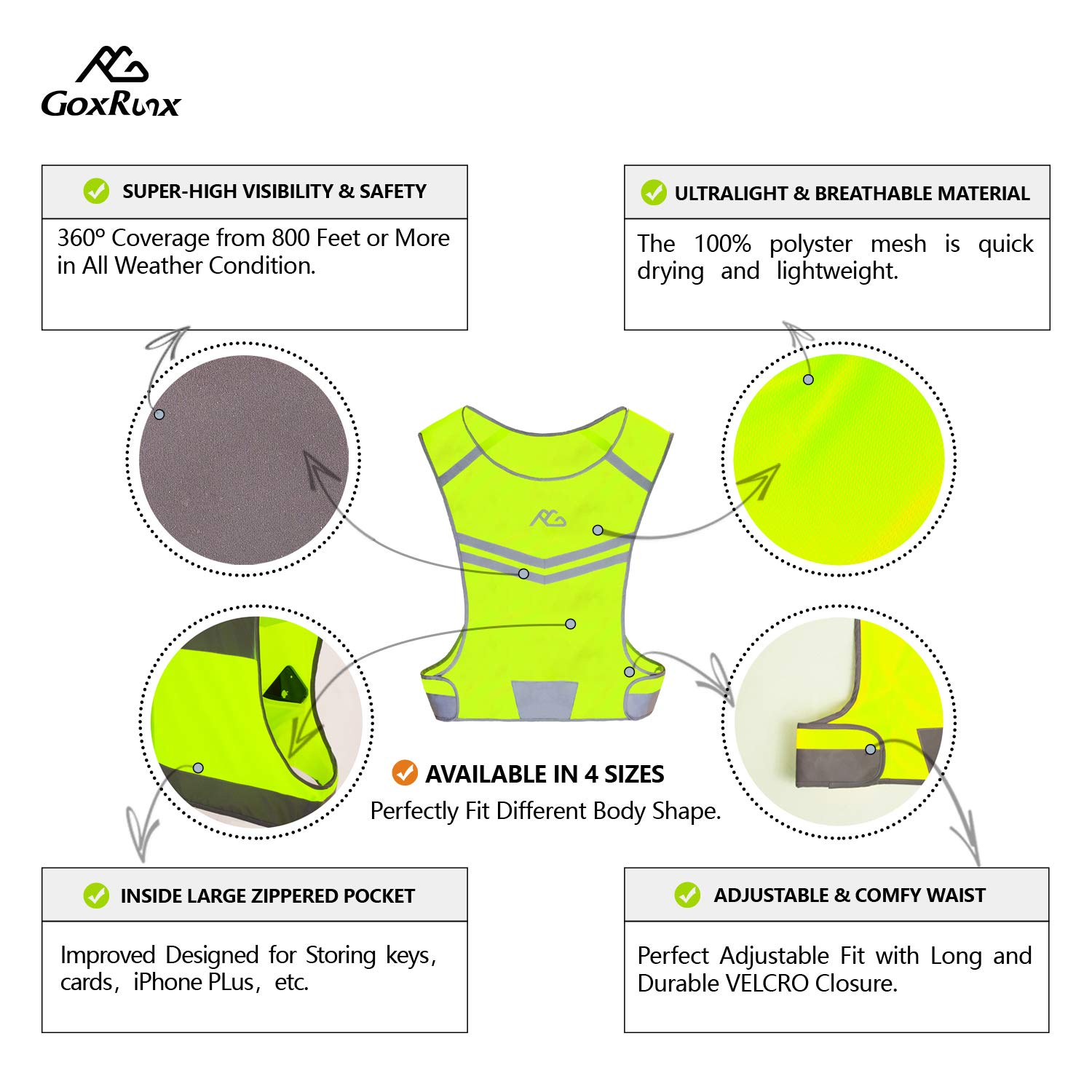 GoxRunx Reflective Running Vest Gear Cycling Motorcycle Reflective Vest,High Visibility Night Running Safety Vest