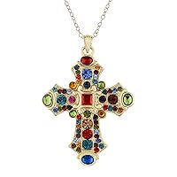 Alilang Ornate Antique Golden Tone Colorful Rhinestone Cross Pendant Necklace