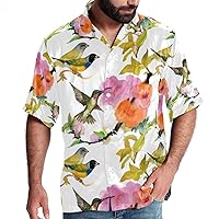 Beautiful Birds and Flowers Men Casual Button Down Shirts Short Sleeve