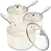 MICHELANGELO Sauce Pan Sets, Ceramic Saucepans with Lid, 1Qt & 2Qt & 3Qt Small Pots for Cooking, Nonstick Saucepan Set with Stainless Steel Handle, Oven Safe, White