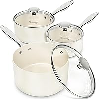 MICHELANGELO Sauce Pan with Lid, Ceramic Saucepan Set Nonstick, 1Qt, 2Qt, 3Qt Sauce Pan Sets Non-Toxic, Saucepans with Lids Oven Safe, Cream White