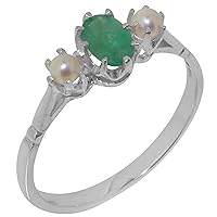 Solid 925 Sterling Silver Natural Emerald & Cultured Pearl Womens Ring - Sizes 4 to 12 Available
