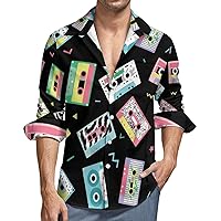Retro 80s Style Audio Cassette Men's Button Down T Shirts Long Sleeve Casual Hawaiian Shirt Pocket Print Top
