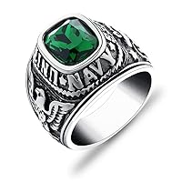 Retro Mens Green Emerald Gemstone Silver Stainless Steel US Navy Ring Band (9)
