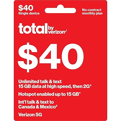 Total by Verizon $40 No-Contract Single-Device Plan Unlimited Talk, Text & 15GB at High Speed