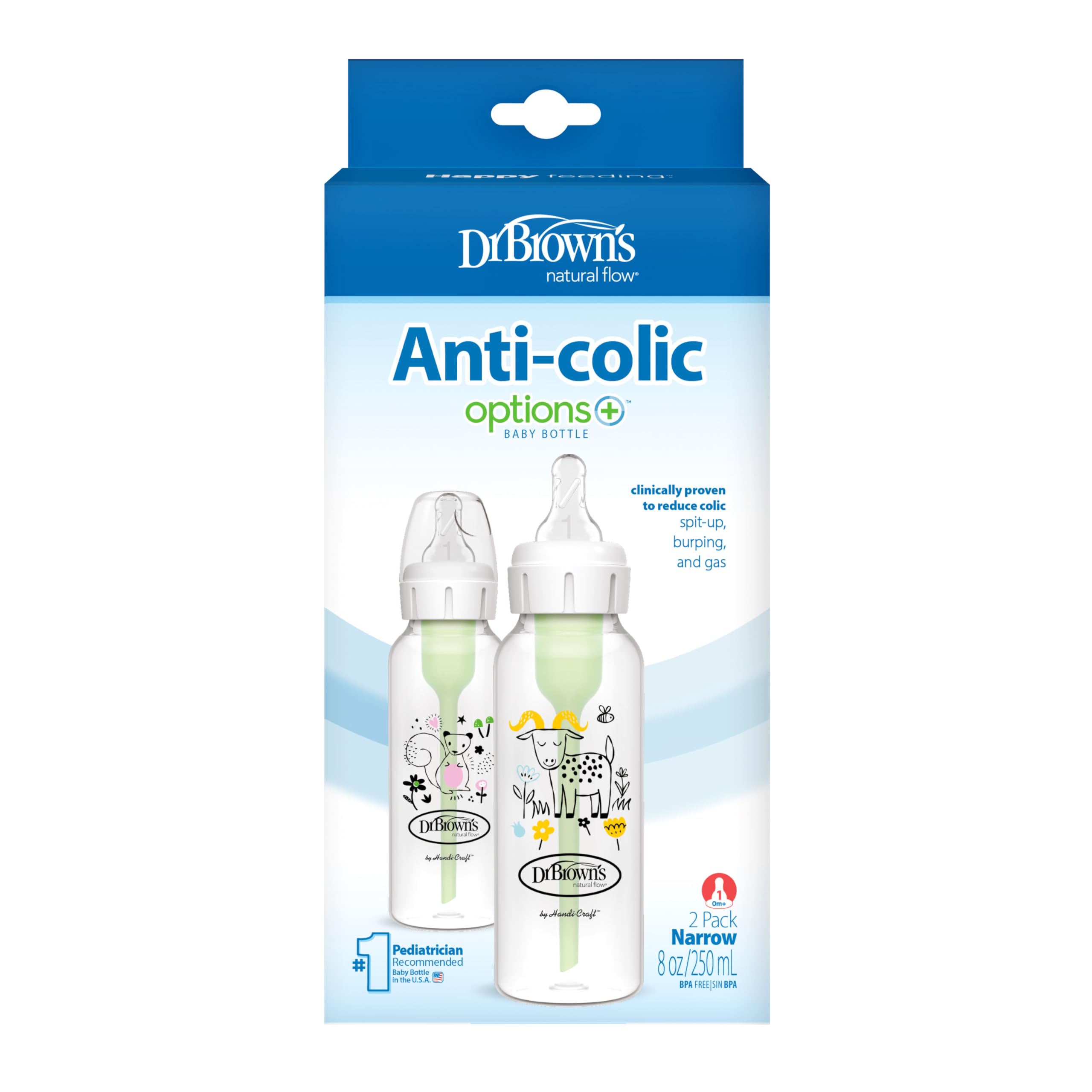Dr. Brown's Natural Flow Anti-Colic Options+ Narrow Baby Bottle, Squirrel & Goat, 8 oz/250 mL, with Level 1 Slow Flow Nipple, BPA Free, 0m+, 2-Pack