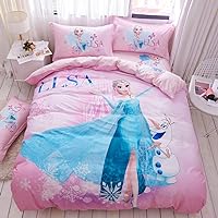 100% Cotton Kids Bedding Set Girls Frozen Elsa Princesses Pink Duvet Cover and Pillow Cases and Fitted Sheet,4 Pieces,Queen