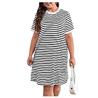 Floerns Women's Plus Size Striped Print Heart Embroidery Color Block Tee Dress