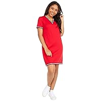 Tommy Hilfiger Women's Stripe Trim Short Sleeve V-Neck Shift Dress, Scarlet