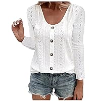 Womens Summer Eyelet Trendy Long Sleeve Tops Button Crewneck Casual Loose Fit Comfy Solid Color Shirts Blouses
