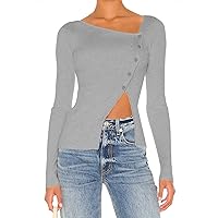 Women's Ribbed Knit Cutout Sweater Long Sleeve Button Front High Cut Slim Fitted Sweater Tops
