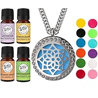 Wild Essentials CZ Flower Necklace Essential Oil Diffuser Kit with Lavender, Lemongrass, Peppermint, Orange Oils, 12 Refill Pads, Calming Aromatherapy Gift Set, Customizable Color Changing, Perfume