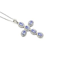 Natural 6X4 MM Oval Cut Blue Tanzanite Holy Cross Pendant Necklace 925 Sterling Silver December Birthstone Handmade Jewelry Proposal Necklace Gift For Girlfriend (PD-8446)