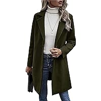 Women Notched Lapel Single Breasted Wool Trench Coats Casual Fall Winter Pea Coat Wool Blend Overcoat Long Jackets