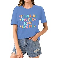 Mother's Day Womens Short Sleeve Summer Tops Cute Printed Graphic Tees Crew Neck T Shirts Trendy Solid Casual Blouses