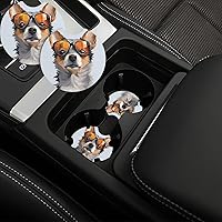 Car Cup Holder Coaster 2 Pack Non-Slip Insert Coaster Funny Chihuahua Dog Glasses Car Cup Mat Pad with A Finger Notch Round Auto Drink Coaster Car Interior Accessories for Women Men