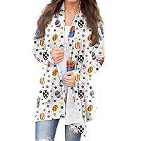 Womens Easter Cardigan Sweaters,Women's Long Sleeve Easter Egg and Bunny Printed Jacket Round Neck Fashion Cardigan