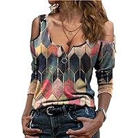 Andongnywell Women's Printed Cold Shoulder Casual Tops Short Sleeve Zip Up V Neck Tunic T Shirt Blouse
