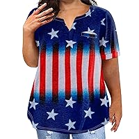 4Th of July Plus Size Women V Neck American Flag Short Sleeve Shirts 2024 Summer Patriotic Chest Pocket Top