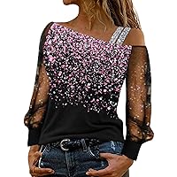 Long Sleeve Shirts for Women Cold Shoulder Tops Sequin Strap Evening Party Casual Blouses Trendy Tshirt
