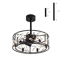 20 Inch Caged Ceiling Fan with Light Remote Control, Quiet Reversible AC Motor, 5 ABS Blades, Modern Crystal Lighting Black Ceiling Fans for Bedroom
