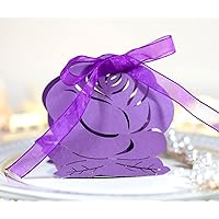 50 Pack Laser Cut Rose Wedding Candy Boxes with Ribbon Party Favor Boxes Small Gift Boxes for Wedding Bridal Shower Anniversary Birthday Party (Purple)