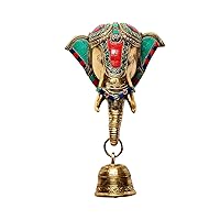 Devyom Devyom Coloured Elephant Head Face Wall Hanging Indian Brass Bell Wall Sculpture Room Decoration Height 10 Inch, Large