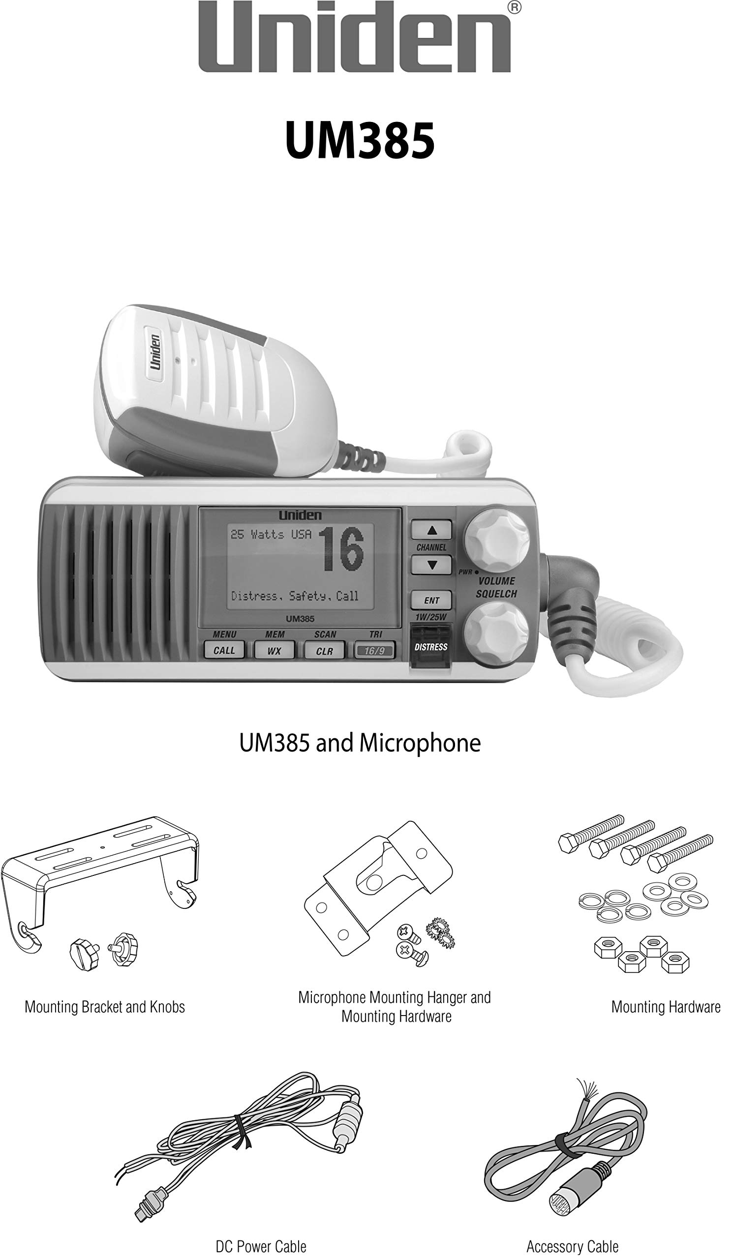 Uniden UM385 25 Watt Fixed Mount Marine Vhf Radio, Waterproof IPX4 with Triple Watch, Dsc, Emergency/Noaa Weather Alert, All Usa/International/Canadian Marine Channels, Memory Channel Scan, White