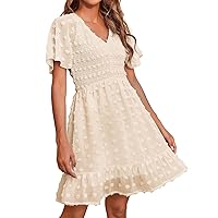 Women's Casual Dresses Smocked Short Sleeve V Neck Mini Dress Summer Swiss Dot Flowy Short Dress