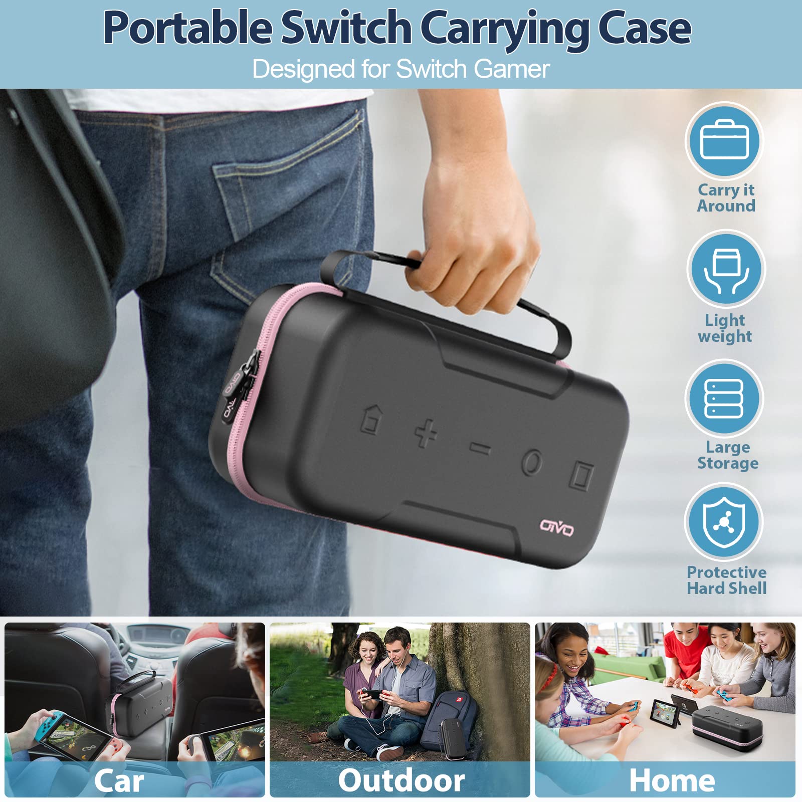 Switch OLED Carrying Case Compatible with Nintendo Switch/OLED Model, Portable Switch Travel Carry Case Fit for Joy-Con and Adapter, Hard Shell Protective Switch Pouch Case with 20 Games, Pink