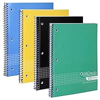 Graph Paper Spiral Notebook - Graph Paper Notebook Spiral, Quad Ruled Grid Notebooks, Perforated Pages - 10.5 X 8 Inches - 1 Subject Wirebound Notebook - Assorted Colors - 100 Sheets per Book - (4