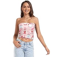 Women's Sexy Tube Crop Tops Funny Gnome Valentines Day Hearts Pink Strapless Bandeau Tops for Women Summer Outfits