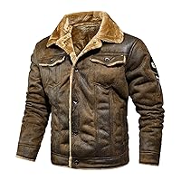 Winter Coat For Men,Bomber Faux Leather Jacket For Men Vintage Turn-Down Collar Sherpa Lining Coat Sport Jackets
