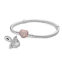 Pandora Jewelry Bundle with Gift Box - Sterling Silver Heart & Angel Wings Dangle Charm with CZ & Moments Rose Gold Snake Chain Charm Bracelet with Heart Clasp with CZ, 6.3