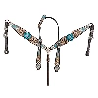 Genuine Argentina Cow Leather Headstall and Breast Collar Set Decorated with Leopard Carving and White Rawhide braiding
