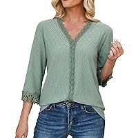 Women's 3/4 Sleeve V Neck Lace Crochet Tunic Tops Flowy Casual Blouses Ladies Dressy Floral Lace Shirt Lightweight Tee
