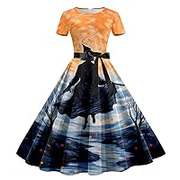 Dress with Bow,Women Casual Round Neck Short Sleeve Print Detachable Waistband Dress Plus Size Dress Suits