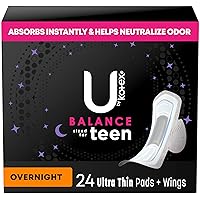 U by Kotex Balance Sized for Teens Ultra Thin Overnight Pads with Wings, 24 Count (Packaging May Vary)