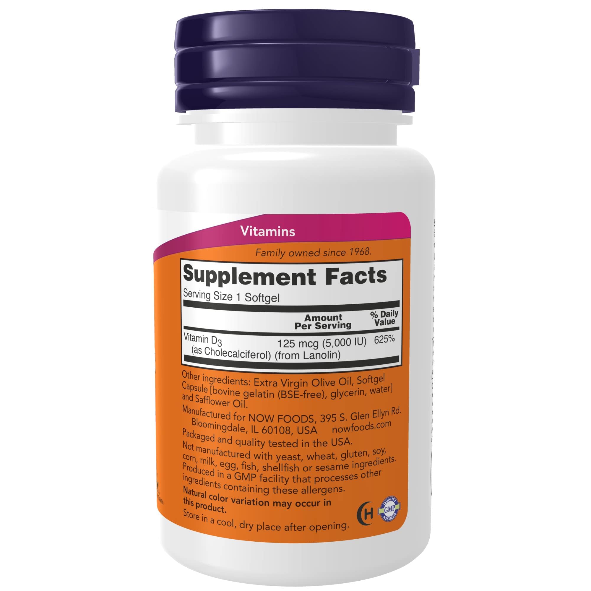 NOW Supplements, Vitamin D-3 5,000 IU, High Potency, Structural Support*, 120 Softgels