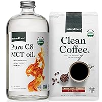 Natural Force Organic Ground Clean Coffee + Organic Pure C8 MCT Oil Bundle – 100% C8 MCTs & Mold & Mycotoxin Free Coffee – Non-GMO, Keto, Paleo, and Vegan - 10 Oz Bag and 32 Oz Glass Bottle