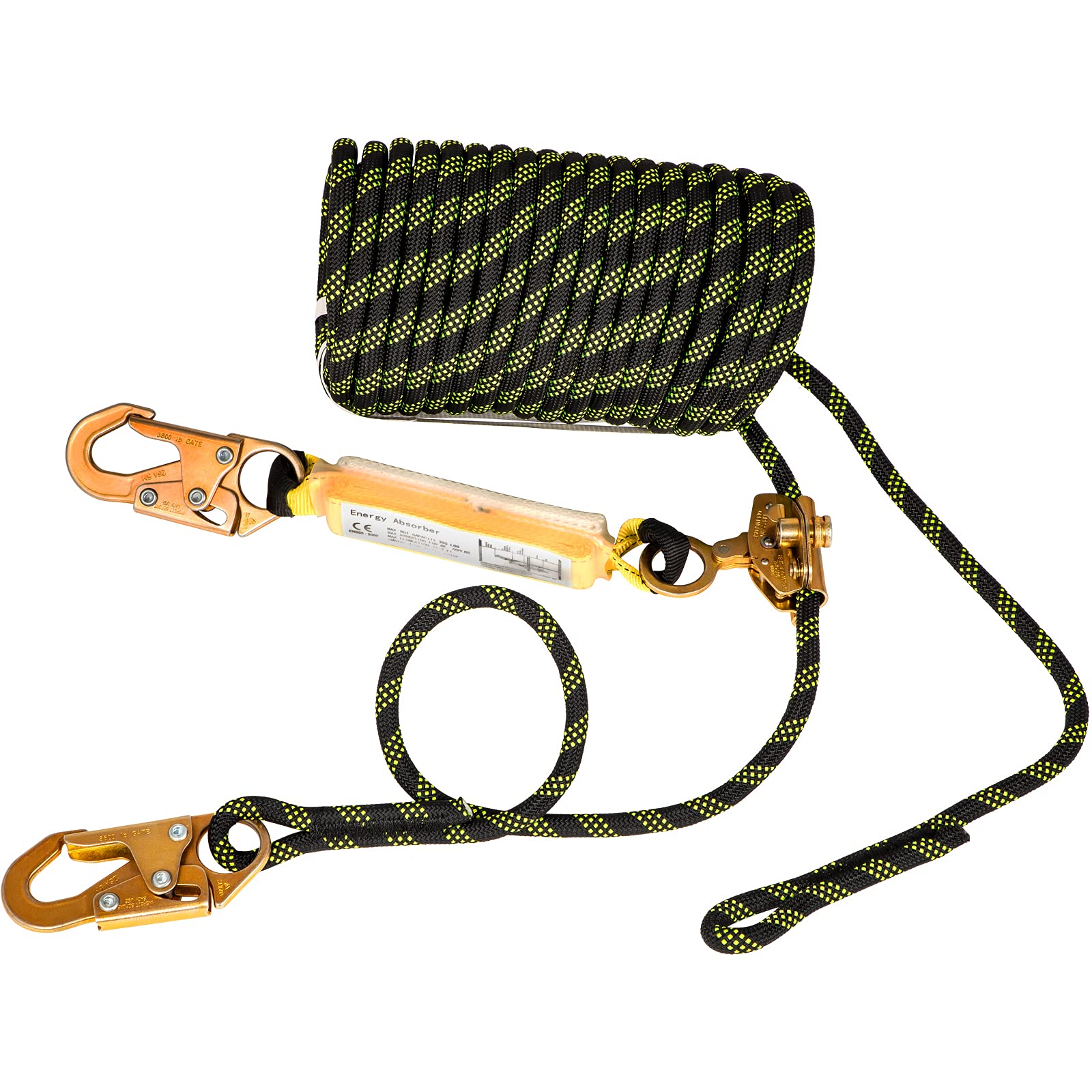 VEVOR Vertical Lifeline Assembly, Fall Protection Rope, Polyester Roofing Rope, CE Compliant Fall Arrest Protection Equipment with Alloy Steel Rope Grab, Two Snap Hooks, Shock Absorber