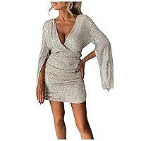 Womens Deep V Neck Ruched Sequin Dress Split Long Sleeve Sexy Backless Bodycon Dresses Party Cocktail Mini Dress