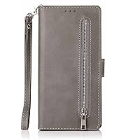 Case for Samsung Galaxy S23/S23 Plus/S23 Ultra,Zipper Wallet Case with Wrist Strap and Card Holder, Foldable Magnetic Clasp Protective Leather Phone Cover,Gray,S23ultra 6.8