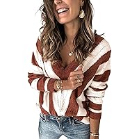 Women Sweater Color Block Striped deep V Neck Sweater for Women Long Sleeve Knit Pullover Jumper Tops
