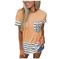 Summer Tee Shirts Womens Stripe Leopard Print Color Block Tunic Tops Casual Short Sleeve Crew Neck T Shirt Blouse with Pocket