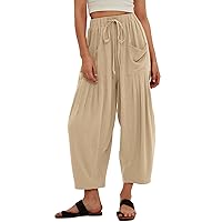 Beaully Women Linen Pants Palazzo Lounge Harem Wide Leg Pants Beach Long Trousers with Pockets